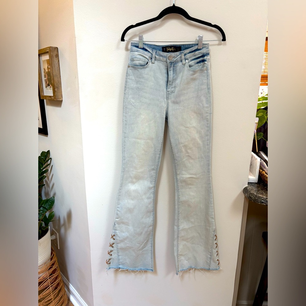 Indigo Rain bell bottoms with leather braided accent, size 5